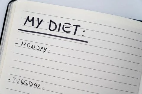 Diary page with "my diet" text, and days of the week. Stock Photos