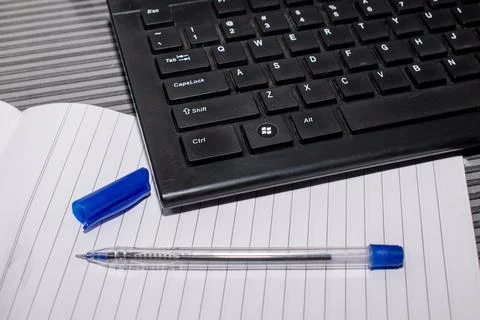 Diary, Pen and Laptop computer keybord in black and white. for technologica.. Foto stock