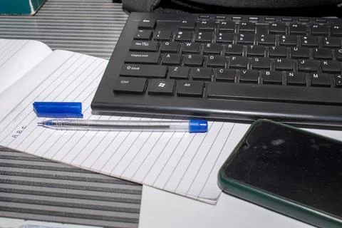 Diary, Pen and Laptop computer keybord in black and white. for technologica.. Stock Photos