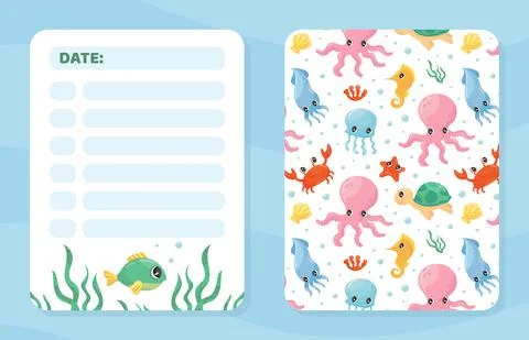 Diary sheet with lines and cute sea creatures. Booklet, planner, notepad, diary Stock Illustration