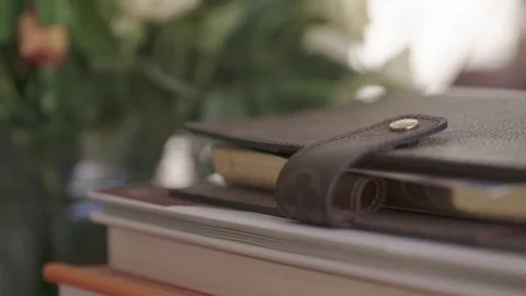 Diary Sitting On Book Stack Stock Footage 71318405