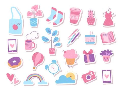 Diary sticker. Cute pink planner isolated elements, flowers, heart and rainbow Illustrazione stock