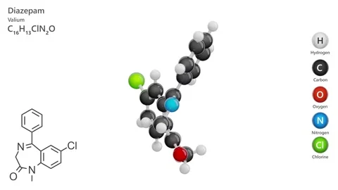 Diazepam. 3D model of a molecule. C16H13ClN2O. White background. 3D render Stock Footage 293489430