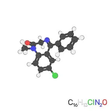 Diazepam (valium) model molecule. Isolated on white background. Sketch illu.. Stock Illustration