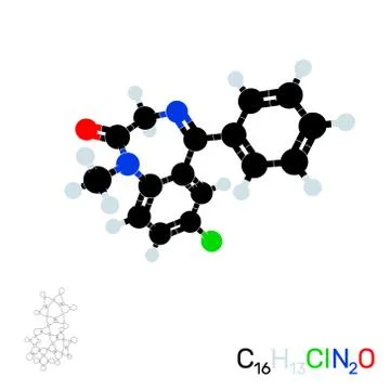 Diazepam (valium) model molecule. Isolated on white background. Vector illust 스톡 일러스트