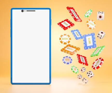 The dice and gambling chips flying in the air next to the blue phone. Stock Illustration