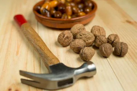 Dice and nuts on a background of pine wood. Stock Photos