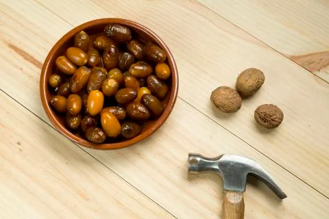 Dice and nuts on a background of pine wood. Stock Photos