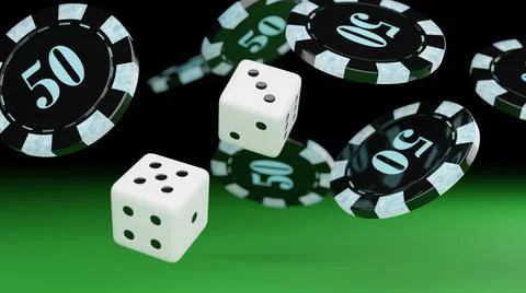 Dice and Poker Chips Falling onto Table. 3d Rendering Stock Illustration