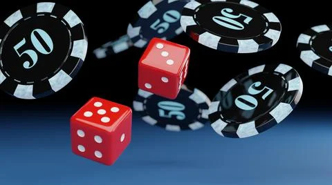 Dice and Poker Chips Falling onto Table. 3d Rendering Stock Illustration