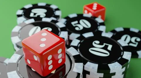 Dice and Poker Chips on Table. 3d Rendering Stock Illustration