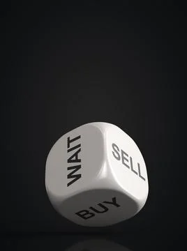 Dice with answer options: wait, buy or sell. Financial solution concept Foto stock