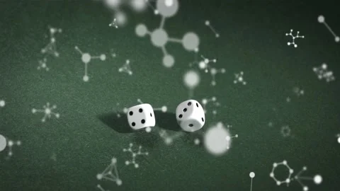 On dice appearing, two dice rolling on green felt, drifting molecular diagrams Stock Footage 323275400
