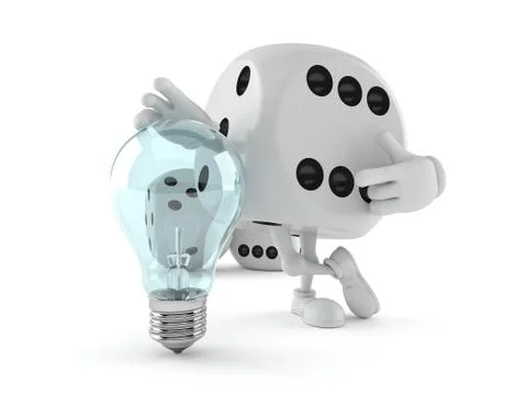 Dice character with light bulb Stock Illustration