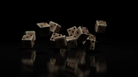 Dice cubes falling on a wooden table against a dark background Stock Footage 253559225