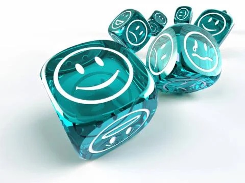 Dice with different emotions on faces on white isolated background. 3d Dic... Stock Photos