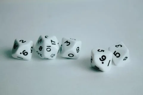 Dice of different faces, d10 and d20, ready to play adventure games. Dice gee Stock Photos