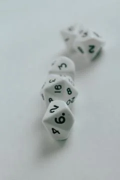 Dice of different faces, d10 and d20, ready to play adventure games. Dice gee Stock Photos