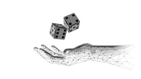 Dice falling on polygonal hand. Cube toss gamble risk strategy illustration Stock Illustration