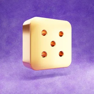 Dice five icon. Gold glossy Dice 5 symbol isolated on violet velvet backgroun Иллюстрация