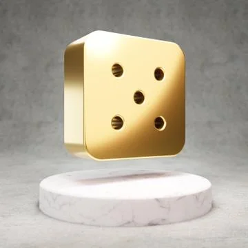 Dice Five icon. Shiny golden Dice Five symbol on white marble podium. Stock Illustration