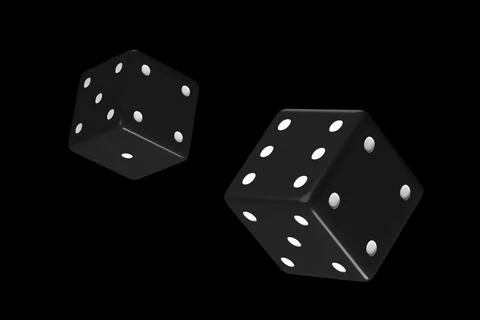 Dice in flight on a black background 3d rendering Stock Illustration
