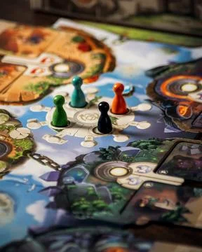 Dice Forge board game components close up with custom dice tokens cards and.. 스톡 사진