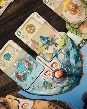 Dice Forge board game components close up with custom dice tokens cards 스톡 사진