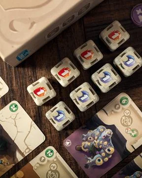 Dice Forge board game components close up with custom dice tokens cards 스톡 사진