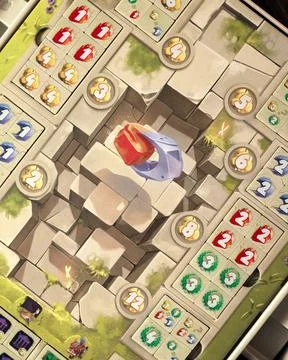 Dice Forge board game components close up with custom dice tokens cards 스톡 사진