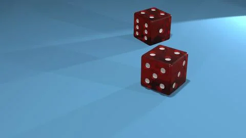 Dice on gambling table. Two red plastic cubes. 3d render. Stock Illustration