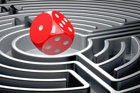 Dice inside labyrinth maze. 3D rendering Stock Illustration