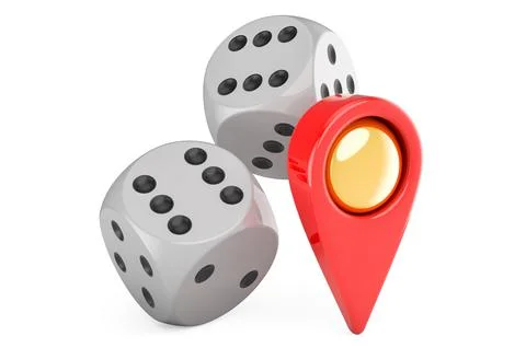 Dice with map pointer. 3D rendering Illustrazione stock