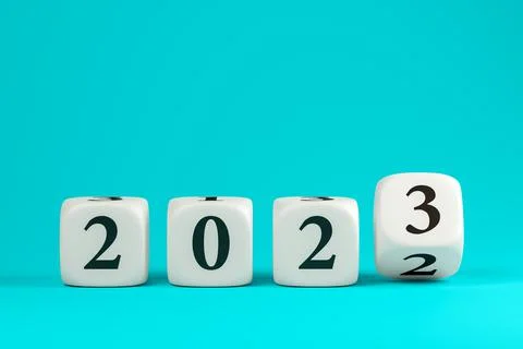 Dice with numbers 2023 on a blue background 3D illustration Stock Illustration