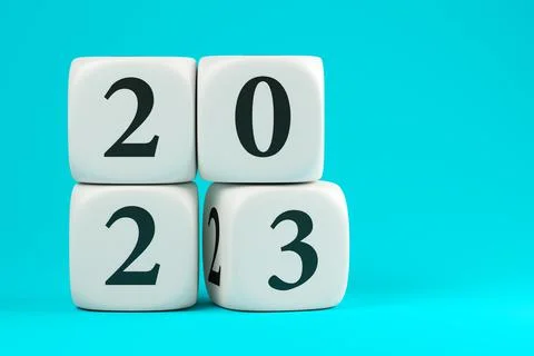 Dice with numbers 2023 on a blue background 3D illustration Stock Illustration