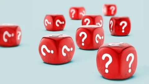 Dice with question mark symbol isolated on blue background. 3D illustration Stock Illustration
