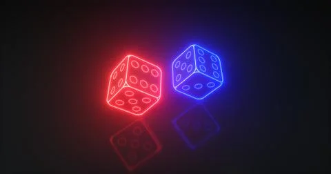 DICE, Red and Blue Neon Dice with black background, 3D illustration Stock Illustration