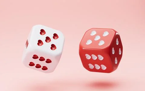Dice with red heart-shaped dots. A symbol of risk and chance in relationshi.. Stock Illustration