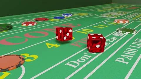 Dice rolling in the craps game on a table with chips. 3d animation. Stock Footage 140735808