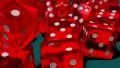 Dice rolling red slow motion closeup DOF on blue felt tabletop HD Footage