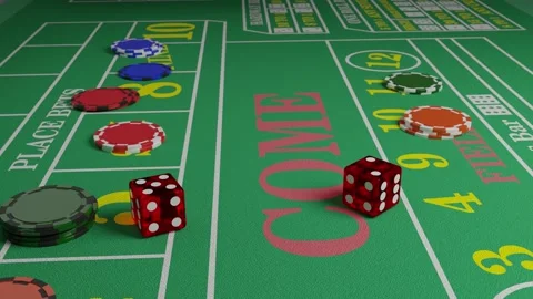 Dice rolling seven in the craps game on a table with chips. Stock Footage 132970838