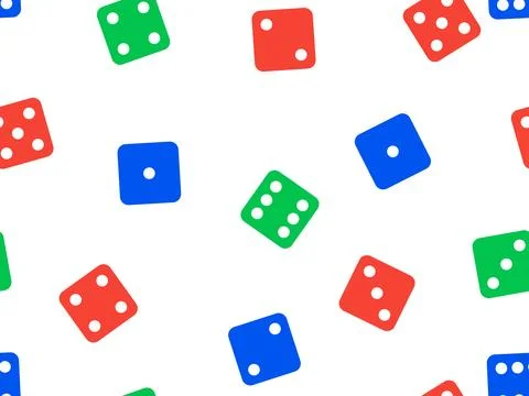 Dice seamless pattern. Green, red and blue craps dice on white background, .. Stock Illustration