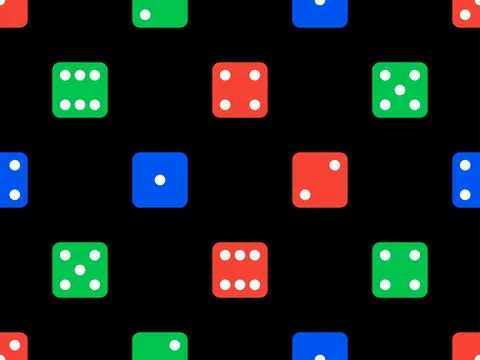 Dice seamless pattern. Green, red and blue craps dice on black background, .. Stock Illustration