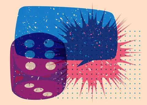 Dice with speech bubble and geometric shapes. Luck concept in trendy riso g.. Stock Illustration