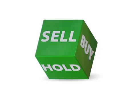 Dice with three options of buy sell and hold - 3d rendering Stock Illustration