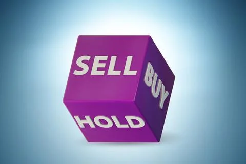 Dice with three options of buy sell and hold - 3d rendering Stock Illustration
