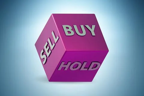 Dice with three options of buy sell and hold - 3d rendering Stock Illustration