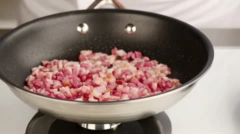 Diced bacon being fried in a pan Stock-Footage 24670071