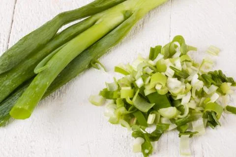 Diced fresh leeks Foto stock