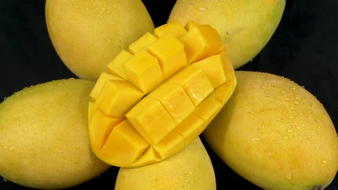 Diced Mango Slice on Ripe Wet Mangoes Rotating on Black Background 库存影片 335257589
